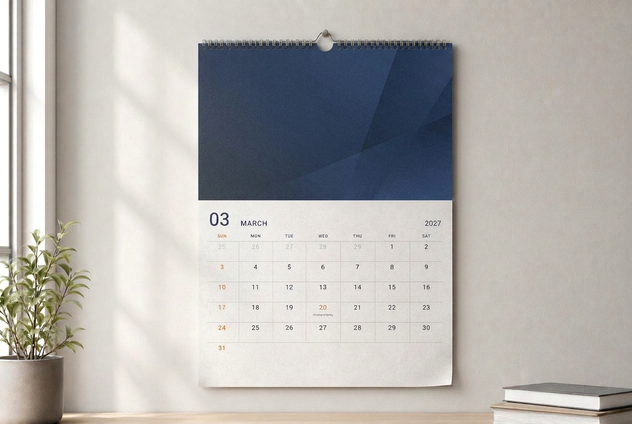Individuell gebrandeter MARKANDA Wandkalender 2027 mit Spiralbindung an einer ruhigen, hellen Bürowand